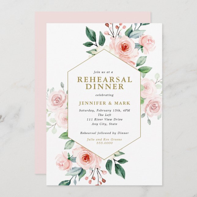 Pink Watercolor Flower Bouquet Rehearsal Dinner Invitation (Front/Back)