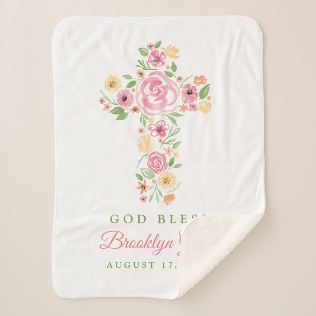 Pink Watercolor Flower Cross Baptism / Christening Sherpa Blanket (Front)