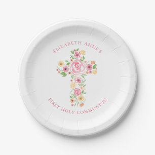 Pink Watercolor Flower Cross First Holy Communion Paper Plate