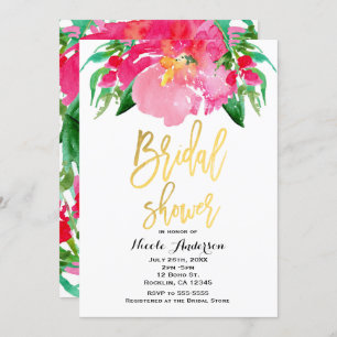 Pink Watercolor Flower Floral Gold Bridal Shower Invitation