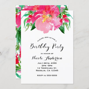 Pink Watercolor Flower Floral Summer Birthday Invitation