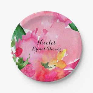 Pink Watercolor Flower Floral Summer Bridal Shower Paper Plate