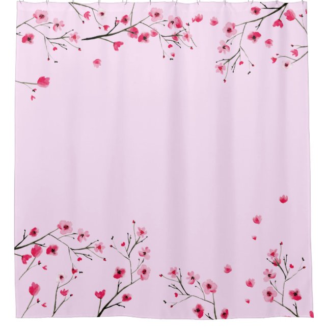 Pink watercolor flower Japanese Cherry Blossom  Shower Curtain (Front)