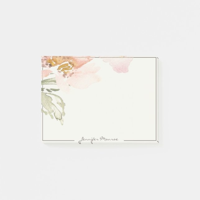 Pink watercolor flower personalised post-it notes (Front)