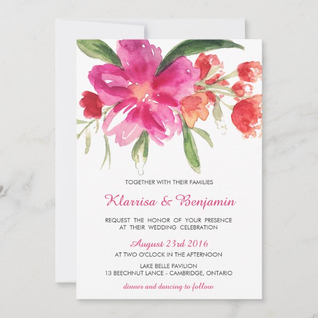 Pink Watercolor Flower Posy Wedding Invitation (Front)