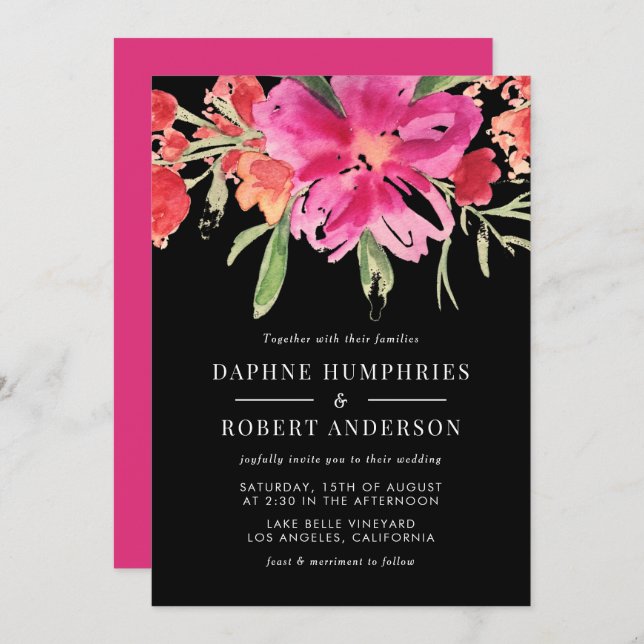 Pink Watercolor Flower Posy Wedding Invitation II (Front/Back)