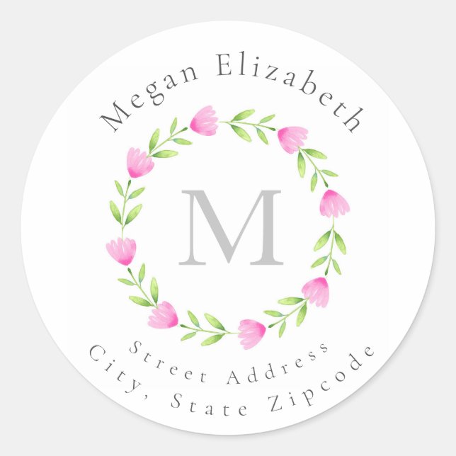 Pink Watercolor Flower Stem Wreath Labels (Front)