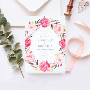 Pink Watercolor Flower Wreath Wedding Invitation