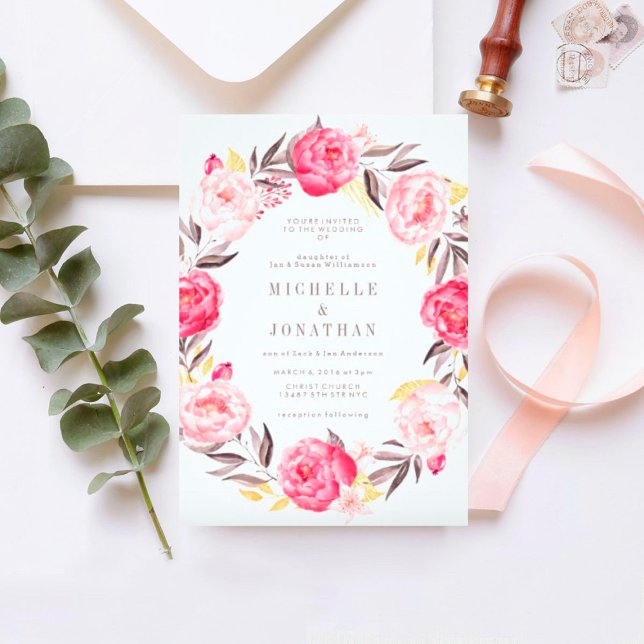 Pink Watercolor Flower Wreath Wedding Invitation (Creator Uploaded)
