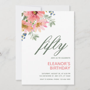 Pink Watercolor Flowers 50th Birthday Invitation