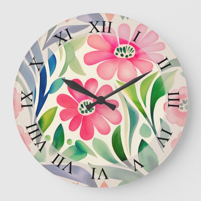 Pink Watercolor Flowers Art  Large Clock (Front)