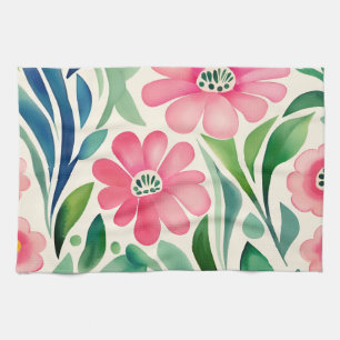 Pink Watercolor Flowers Art Tea Towel