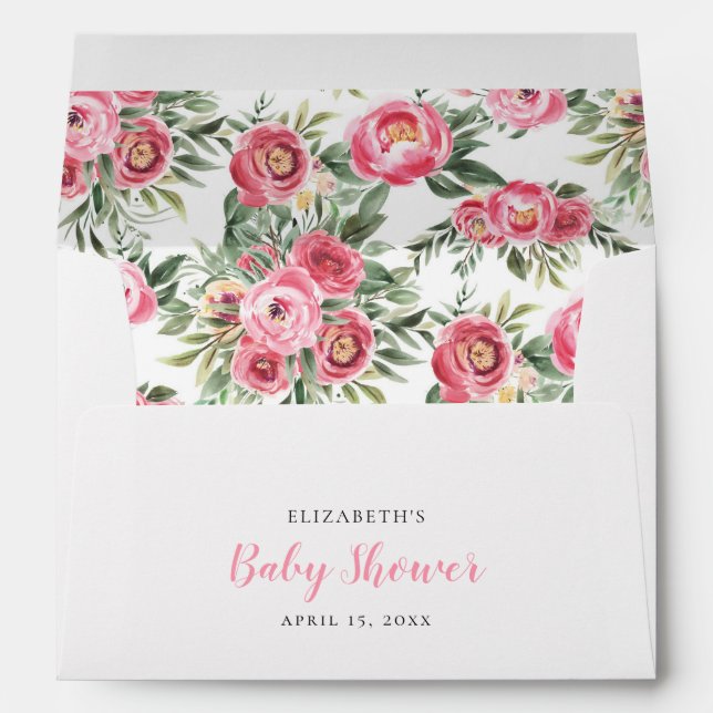 Pink Watercolor Flowers Baby Shower Envelopes (Back (Bottom))
