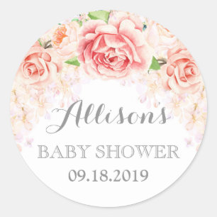 Pink Watercolor Flowers Baby Shower Favour Classic Round Sticker