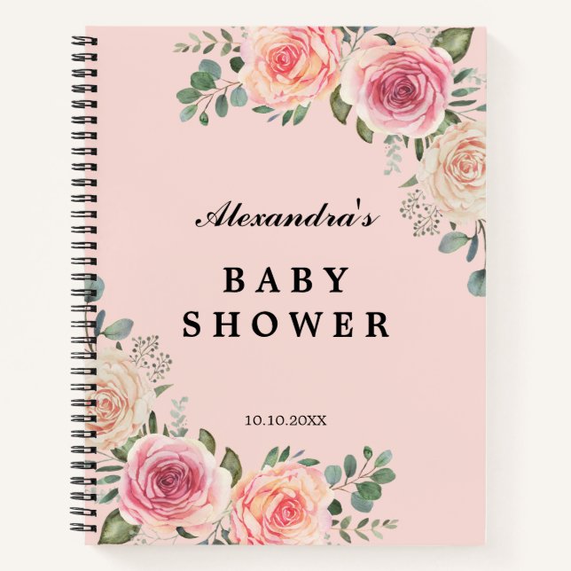 Pink Watercolor Flowers Baby Shower Guest Notebook (Front)