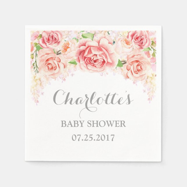 Pink Watercolor Flowers Baby Shower Napkin (Front)