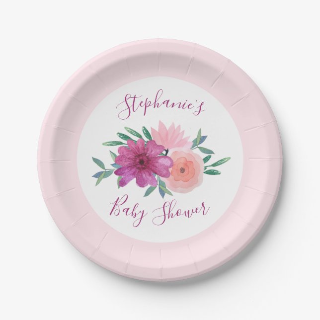 Pink Watercolor Flowers Baby Shower Personalised Paper Plate (Front)