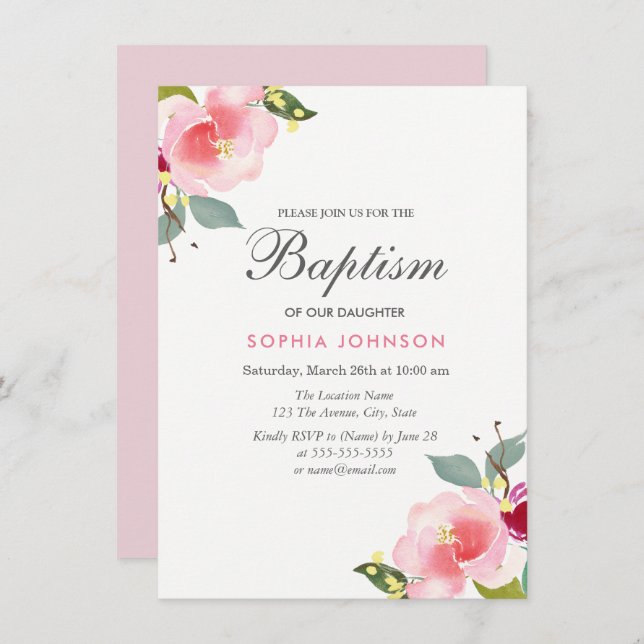 Pink Watercolor Flowers Baptism Christening Invite (Front/Back)