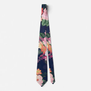 Pink Watercolor Flowers Blue Design Tie