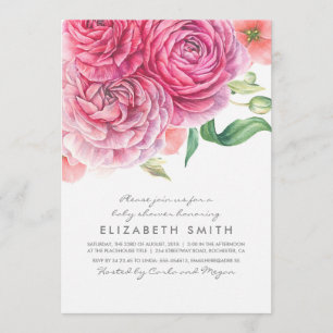 Pink Watercolor Flowers Botanical Baby Shower Invitation