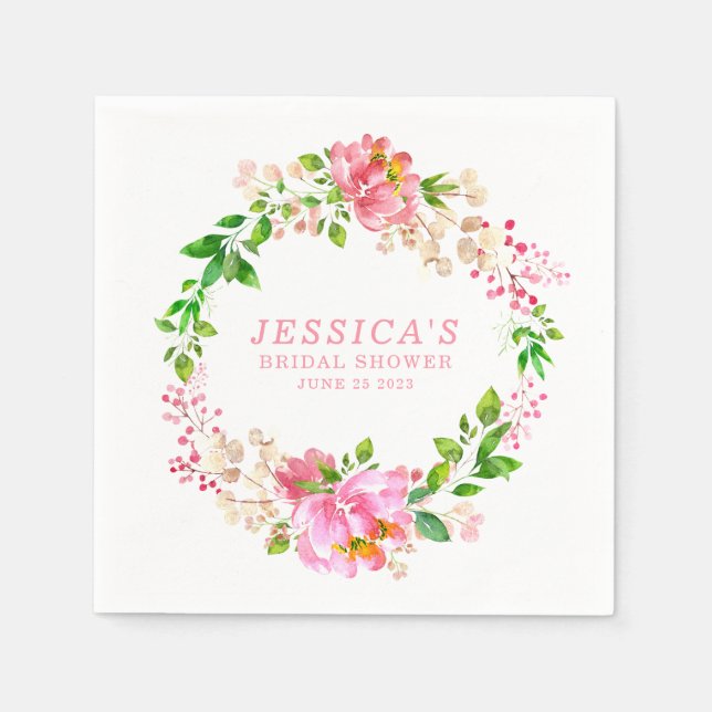 Pink Watercolor Flowers Bridal Shower Custom Paper Napkin (Front)