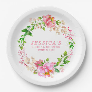 Pink Watercolor Flowers Bridal Shower Custom Paper Plate