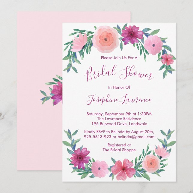 Pink Watercolor Flowers Bridal Shower Invitation (Front/Back)