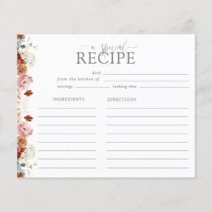 Pink Watercolor Flowers Bridal Shower Recipe Card