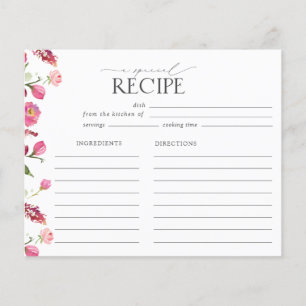 Pink Watercolor Flowers Bridal Shower Recipe Card