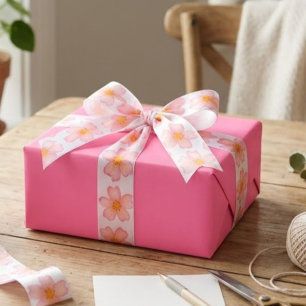Pink Watercolor Flowers Elegant Botanical Floral Satin Ribbon