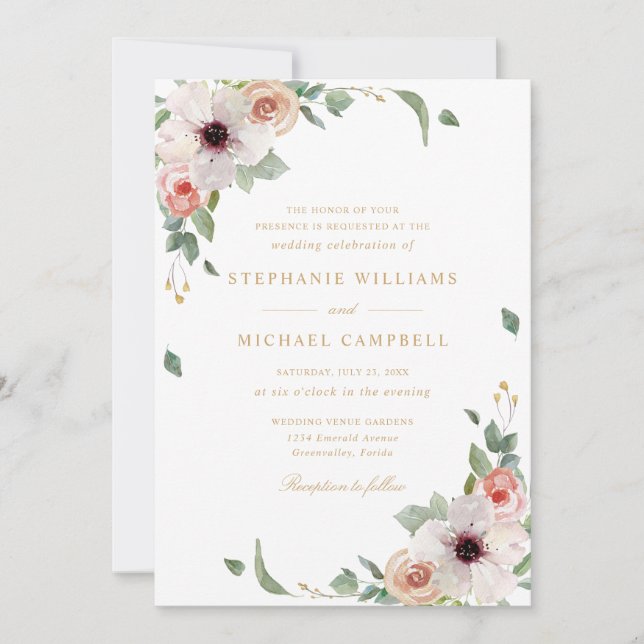 Pink Watercolor Flowers Elegant Wedding Invitation (Front)