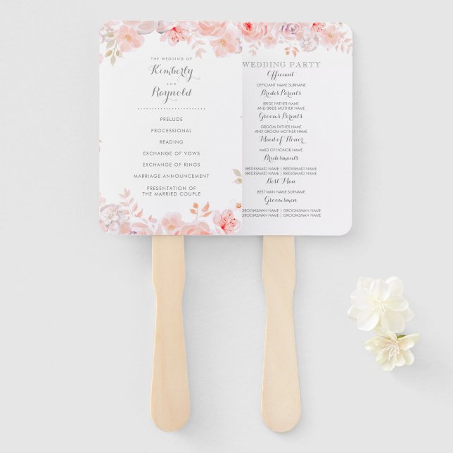 Pink Watercolor Flowers Elegant Wedding Program Hand Fan (Front and Back)