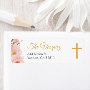 Pink Watercolor Flowers First holy Communion Cute Return Address Label