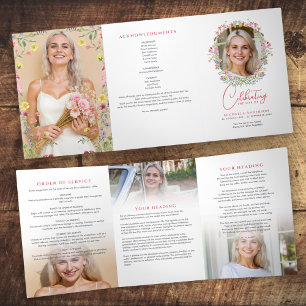 Pink Watercolor Flowers Funeral Service / Memorial Tri-Fold Programme