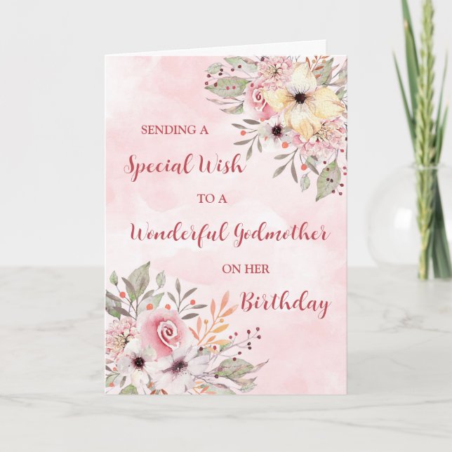 Pink Watercolor Flowers Godmother Birthday Card (Front)