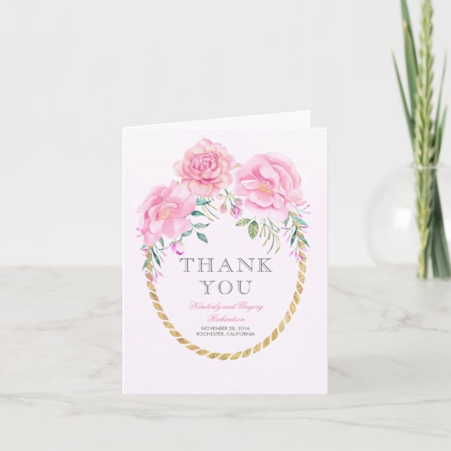 Pink Watercolor Flowers Gold Wrap edding Thank You Card (Front)