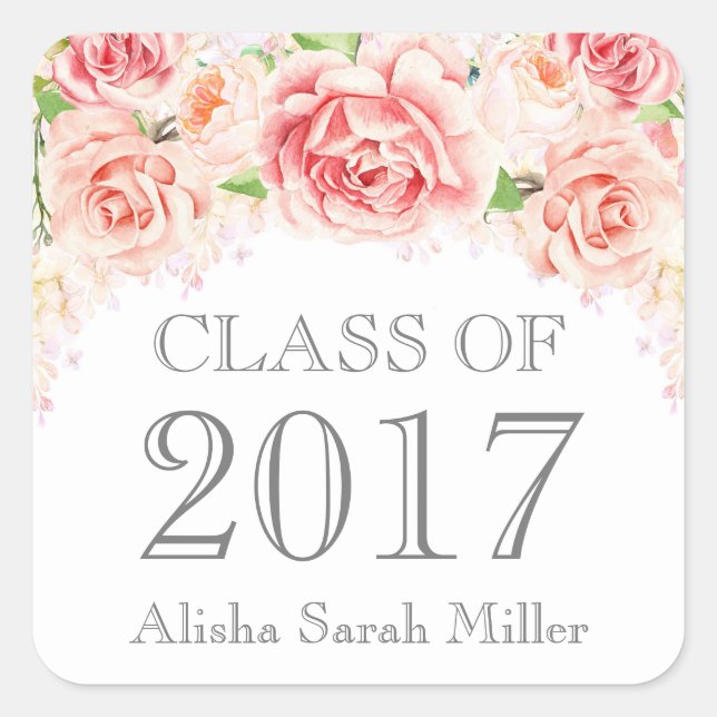 Pink Watercolor Flowers Graduation Class of 2017 Square Sticker (Front)