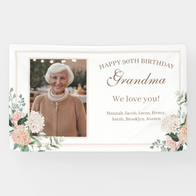 Pink Watercolor Flowers Grandma Birthday Banner (Horizontal)