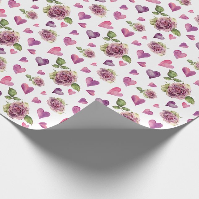 Pink Watercolor Flowers Hearts Wrapping Paper (Corner)
