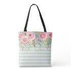 Pink Watercolor Flowers & Mint Stripes Tote Bag