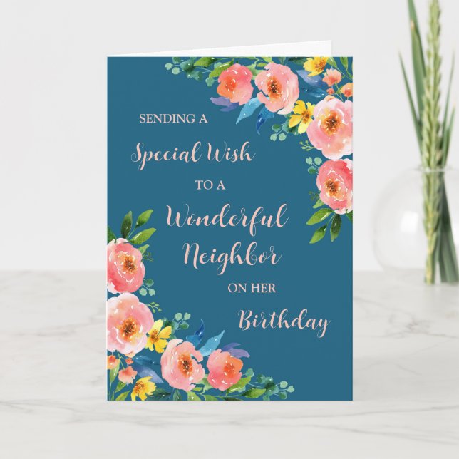 Pink Watercolor Flowers Neighbour Birthday Card (Front)