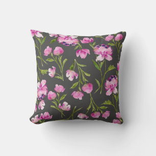 Pink Watercolor Flowers on Grey Throw Pillow