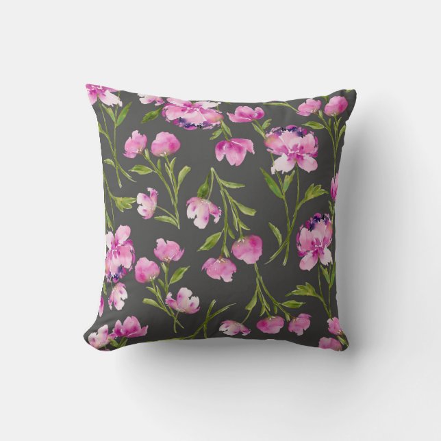 Pink Watercolor Flowers on Grey Throw Pillow (Front)
