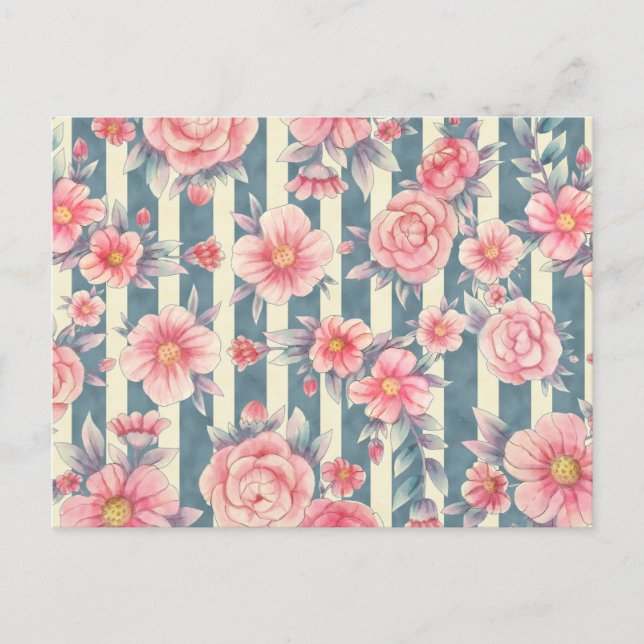 Pink Watercolor Flowers on Striped Pattern Postcard (Front)