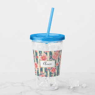 Pink Watercolor Flowers on Stripes Acrylic Tumbler