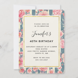 Pink Watercolor Flowers on Stripes Birthday Invitation