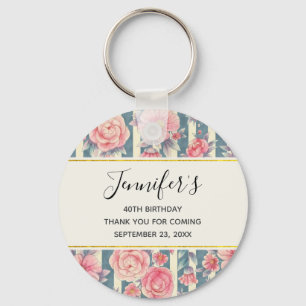 Pink Watercolor Flowers on Stripes Birthday Key Ring