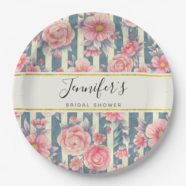 Pink Watercolor Flowers on Stripes Bridal Shower Paper Plate (Front)
