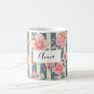 Pink Watercolor Flowers on Stripes Coffee Mug