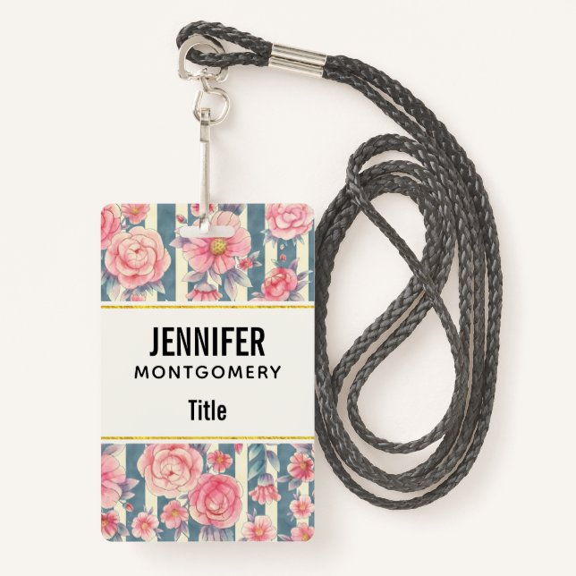 Pink Watercolor Flowers on Stripes ID Badge (Front with Lanyard)